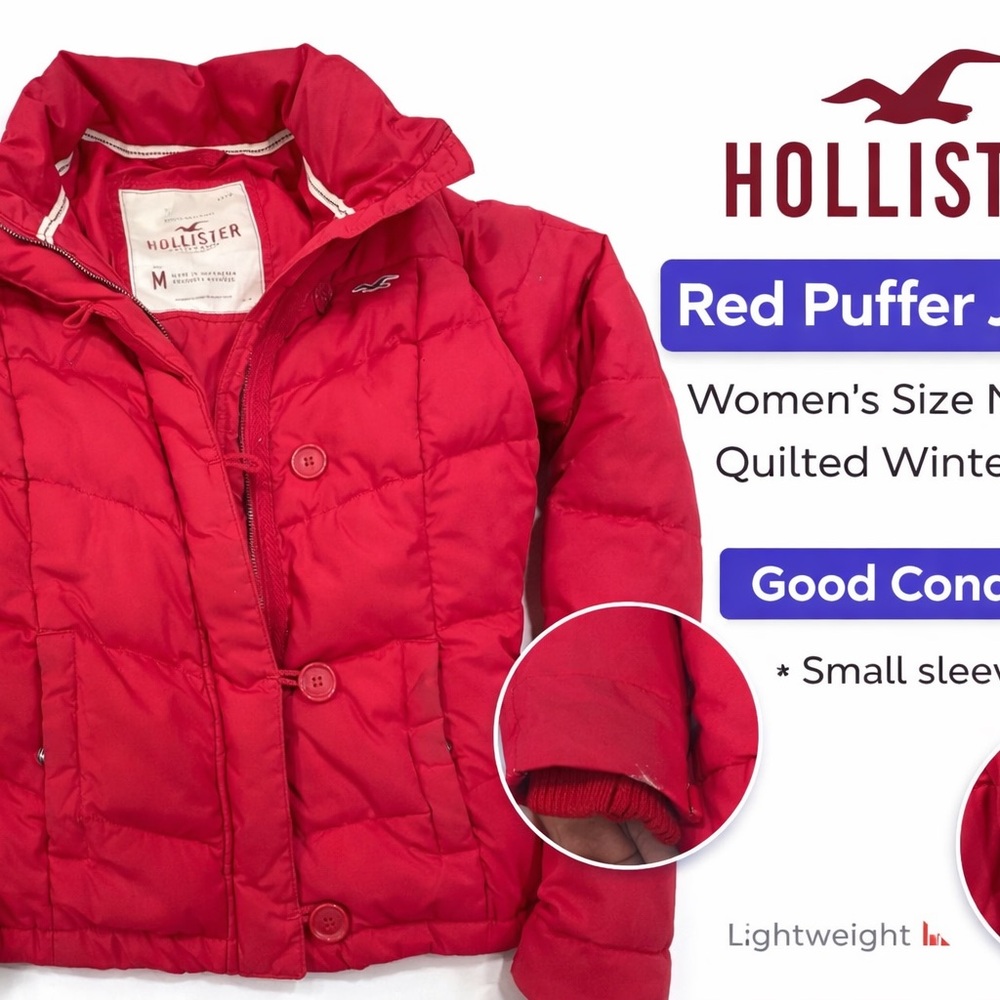 Hollister Red Puffer Jacket Women’s Size Medium Quilted Winter Coat